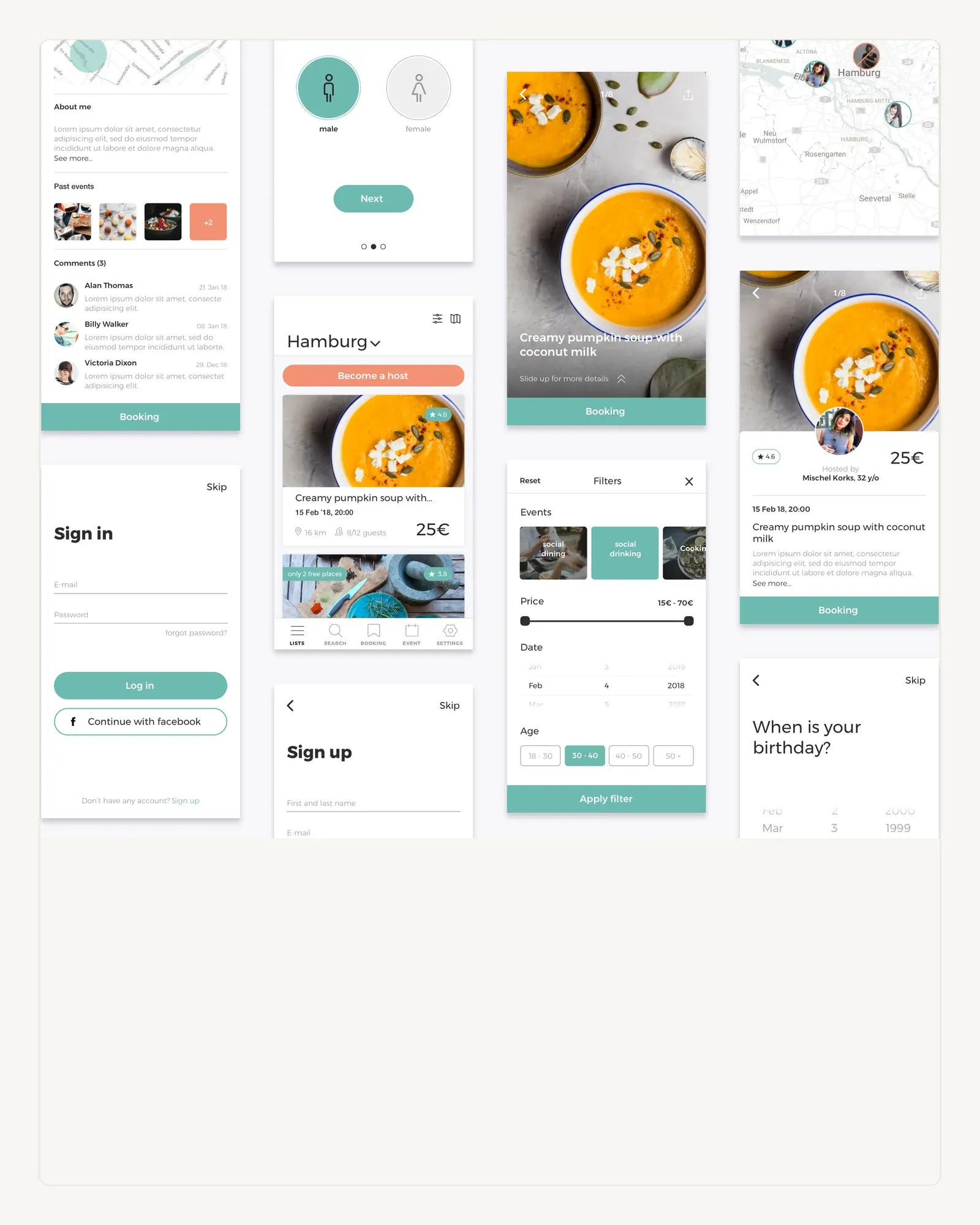 A grid of Chef app screens covering sign-in, browsing, filters and booking.