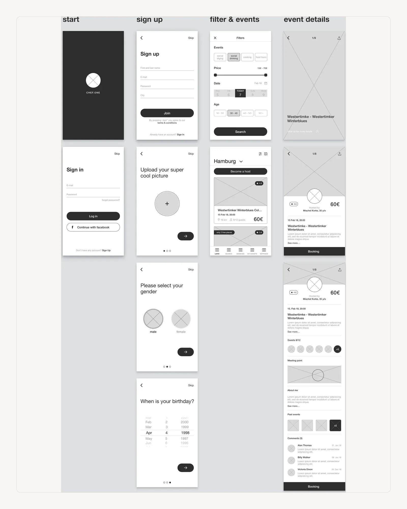 Greyscale high fidelity wireframes for the Chef app, arranged by flow.