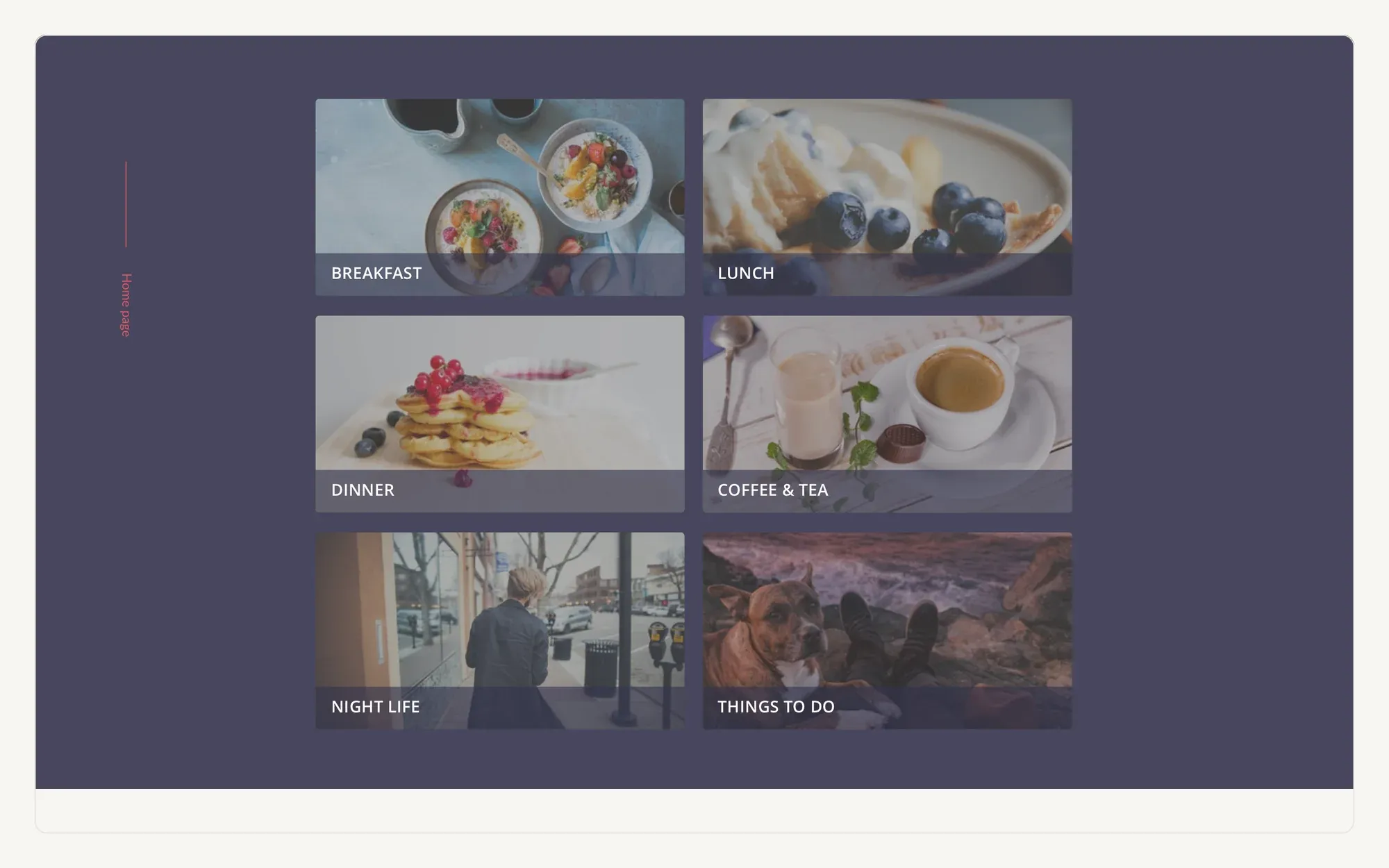 The category grid for the Foursquare redesign, six photographic cards.